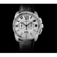Cartier Calibre Chronographe Acier / Cuir cadran blanc W7100046