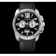 Cartier Calibre Chronographe Acier / Cuir cadran noir W7100060